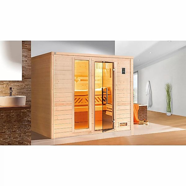 Weka Massivholzsauna Bergen 3 Sparset 9 kW BioS Glastür/Fenster günstig online kaufen