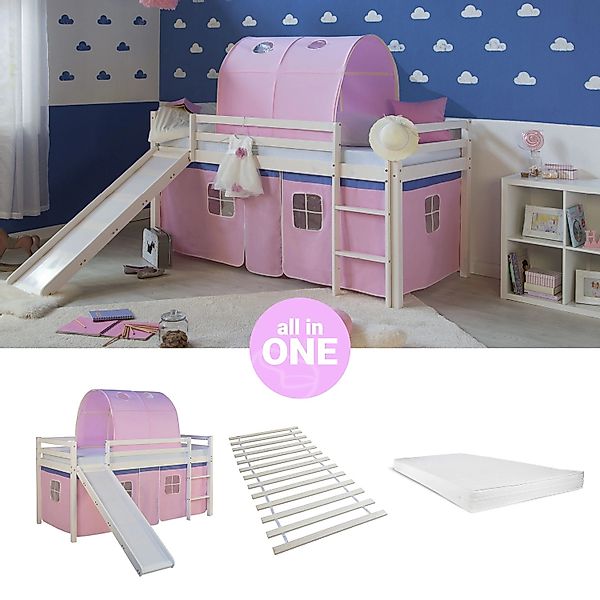 Homestyle4u Hochbett 90x200 mit Vorhang Lattenrost Matratze Rutsche Tunnel günstig online kaufen
