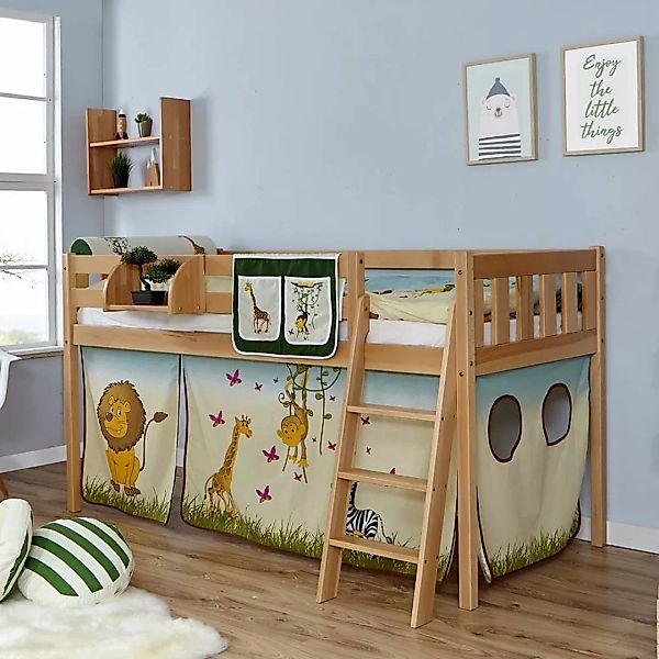 Kinderzimmer Bett in Buchefarben und Bunt Massivholz und Webstoff günstig online kaufen