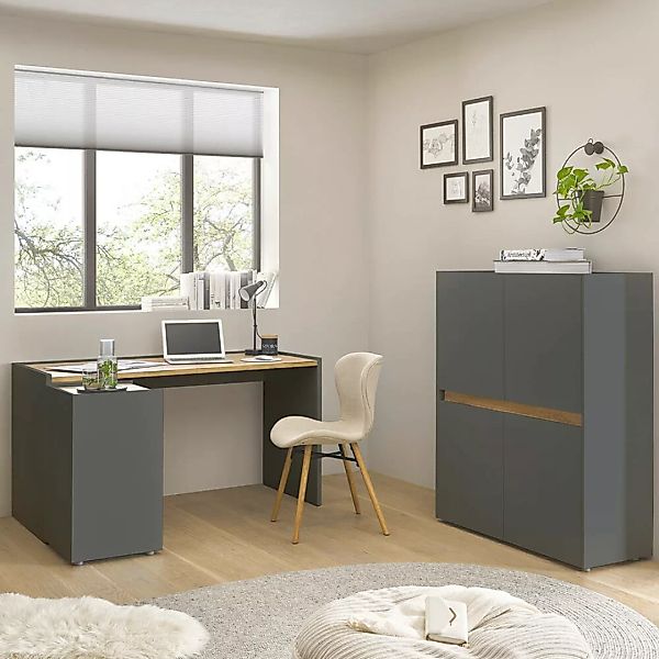 Büromöbel Set anthrazit mit Eiche CRISP-61 modern 3-teilig mit Schreibtisch günstig online kaufen
