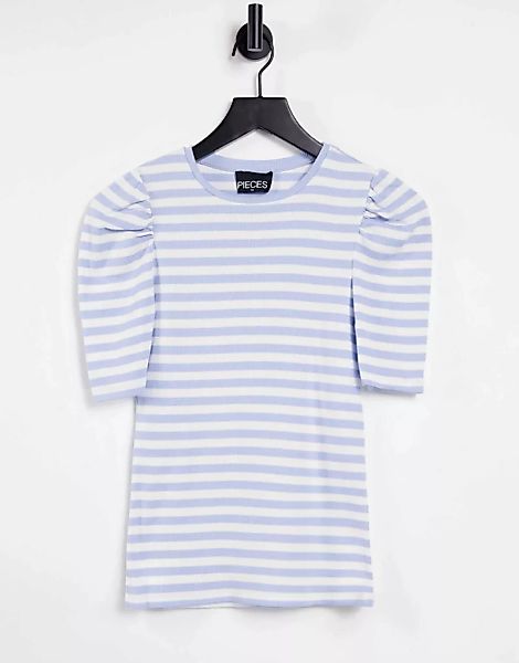 Pieces – Blau gestreiftes T-Shirt mit Puffärmeln-Mehrfarbig günstig online kaufen