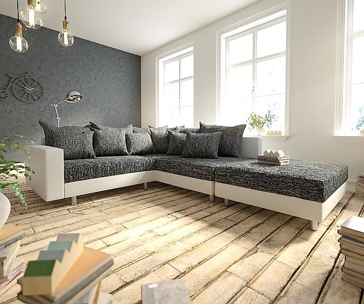 DELIFE Ecksofa Clovis, Weiss Schwarz Hocker günstig online kaufen