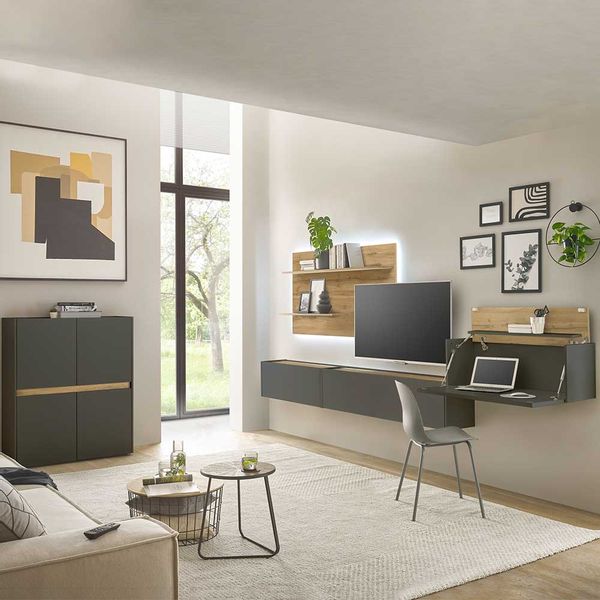 Schrankwand mit Arbeitsplatz in Anthrazit Wildeichefarben (fünfteilig) günstig online kaufen