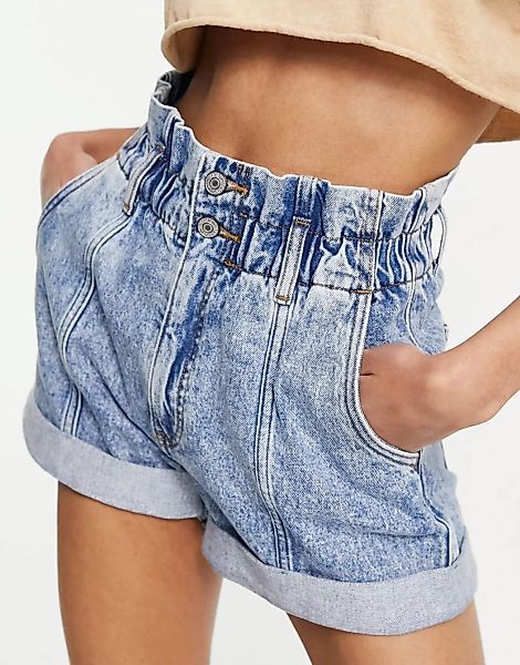 Abercrombie & Fitch – Shorts mit Paperbag-Taille in verwaschenen Mittelblau günstig online kaufen
