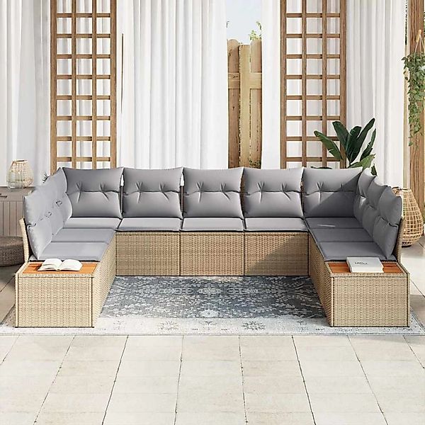 vidaXL 9-Teiliges Garten-Sofa-Set mit Kissen in Beige Poly Rattan Akazienho günstig online kaufen