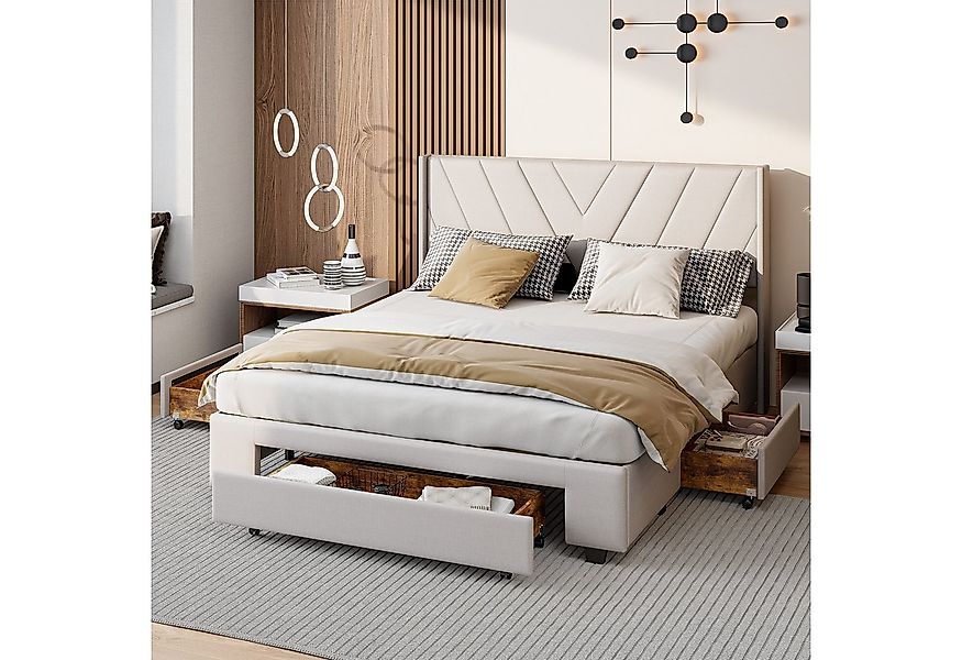 FUROKOY Polsterbett Doppelbett Stauraumbett mit 3 Schubladen mit Rädern Lei günstig online kaufen