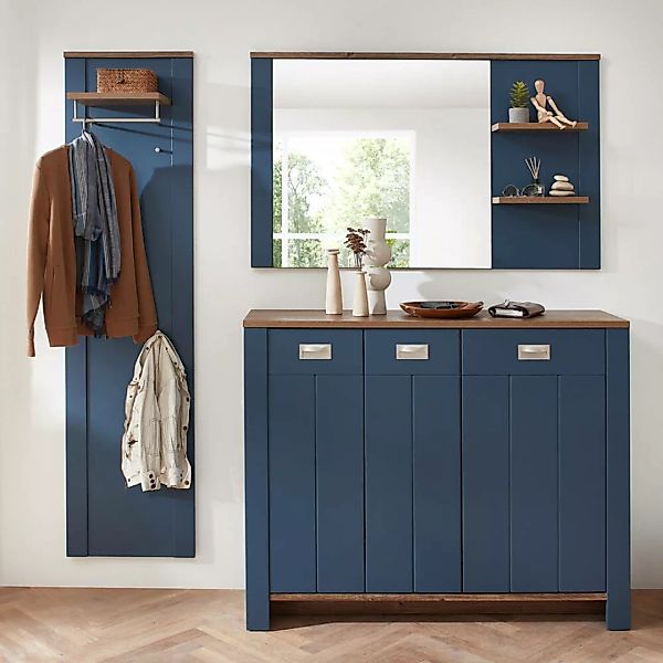 Garderoben Set mit Paneel und Spiegel, blau im Landhausstil mit Eiche, DEVO günstig online kaufen