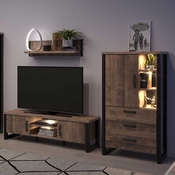 Schrankwand Wohnzimmer Industriestil in Eiche dunkel Schwarz (dreiteilig) günstig online kaufen