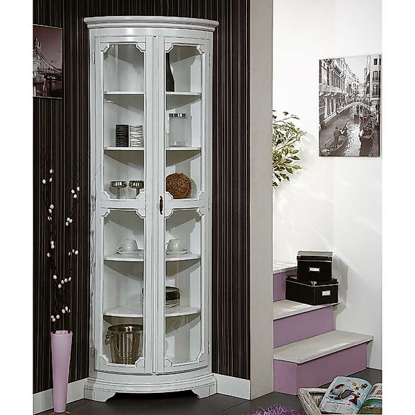Hohe Vitrine für die Ecke in Antikweiß Vintage Look günstig online kaufen