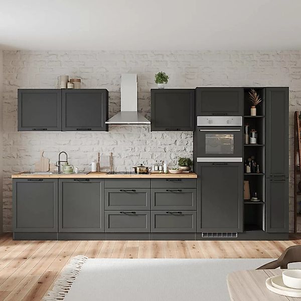 Küchenzeile 360 cm mit E-Geräten in grau, Arbeitsplatte in Eiche, MONTERREY günstig online kaufen