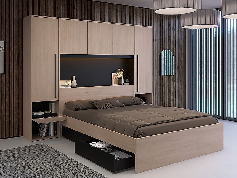 Bett mit Bettüberbau, Stauraum & LEDs + Lattenrost - 160 x 200 cm - Naturfa günstig online kaufen
