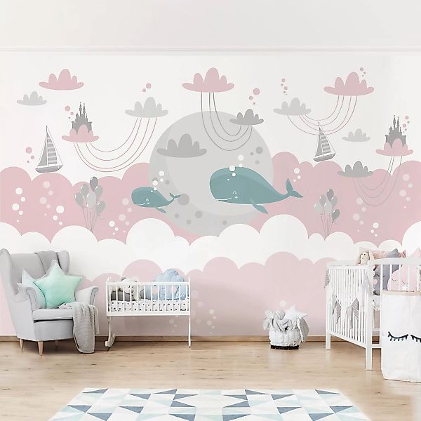 Bilderwelten Fototapete Wolken mit Wal und Schloss Rosa weiß Gr. 288 x 190 günstig online kaufen