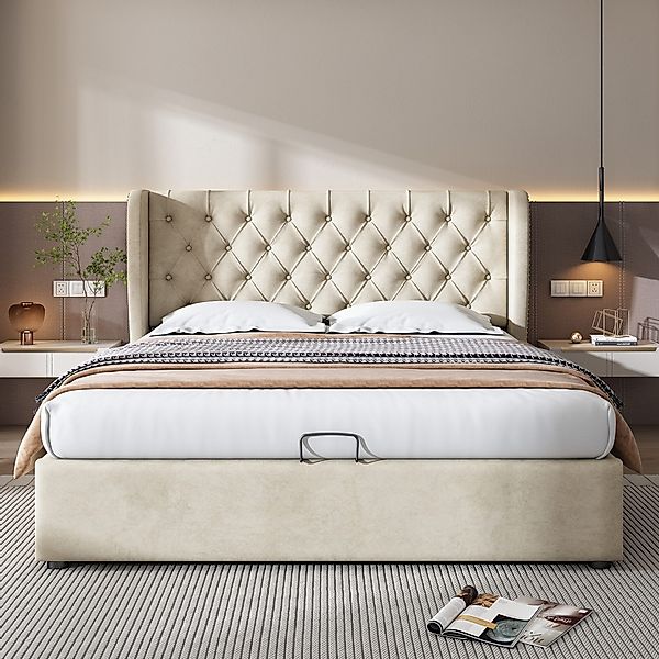 OKWISH Polsterbett Doppelbett Stauraumbett, Kiefernholz Flanell günstig online kaufen