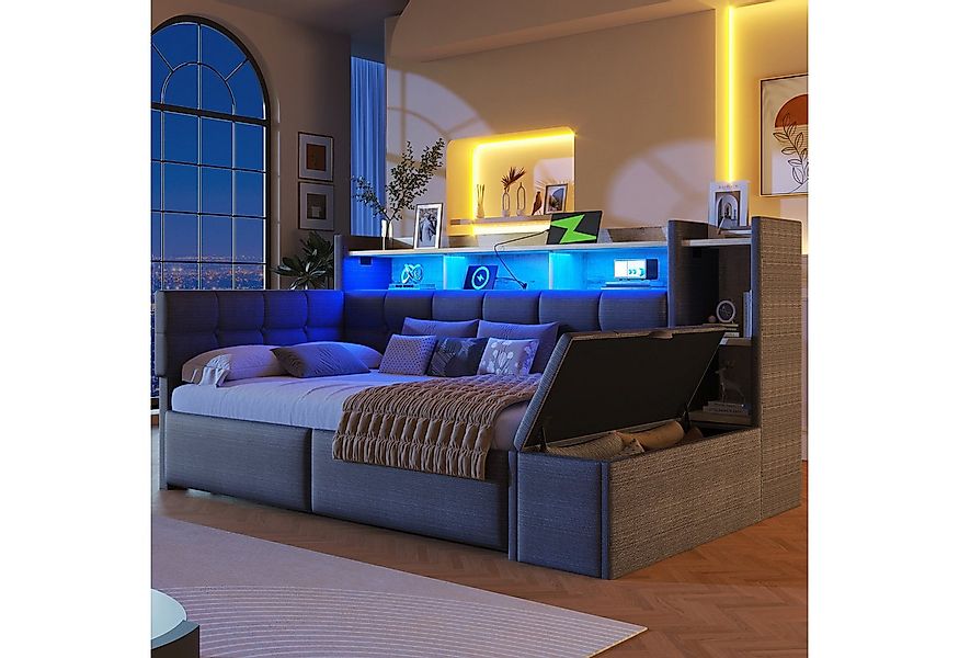 Flieks Daybett, Polsterbett 90×190cm mit LED, Aufladen, 2 Schubladen und Po günstig online kaufen