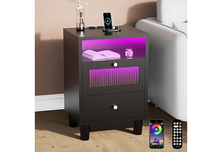 oyajia Nachttisch mit LED-Beleuchtung und Ladefunktion, Beistelltisch (Nach günstig online kaufen