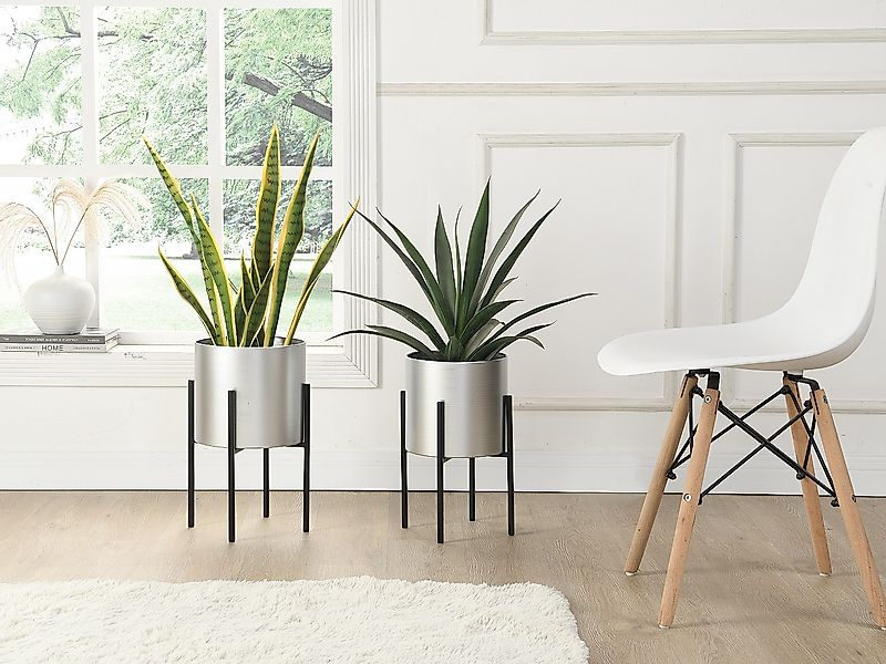 2er-Set - Übertöpfe mit Gestell - Metall - 25 x 39 & 23 x 35,5 - Silberfarb günstig online kaufen