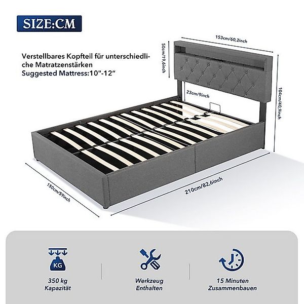 WILGOON Polsterbett Doppelbett 140x200cm, LED Hydraulisches Stauraumbett mi günstig online kaufen