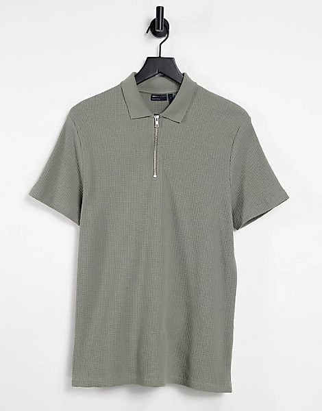 ASOS DESIGN – Polohemd in Khaki mit Waffelstruktur und Reißverschluss-Grün günstig online kaufen