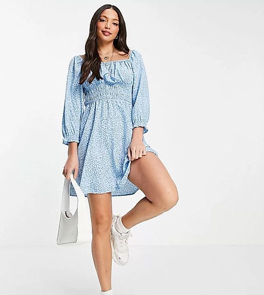 New Look Tall – Gerafftes Minikleid mit eckigem Ausschnitt in Blau gemuster günstig online kaufen