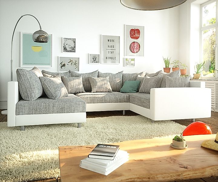 Wohnlandschaft Clovis Weiss Hellgrau Modulsofa Armlehne günstig online kaufen