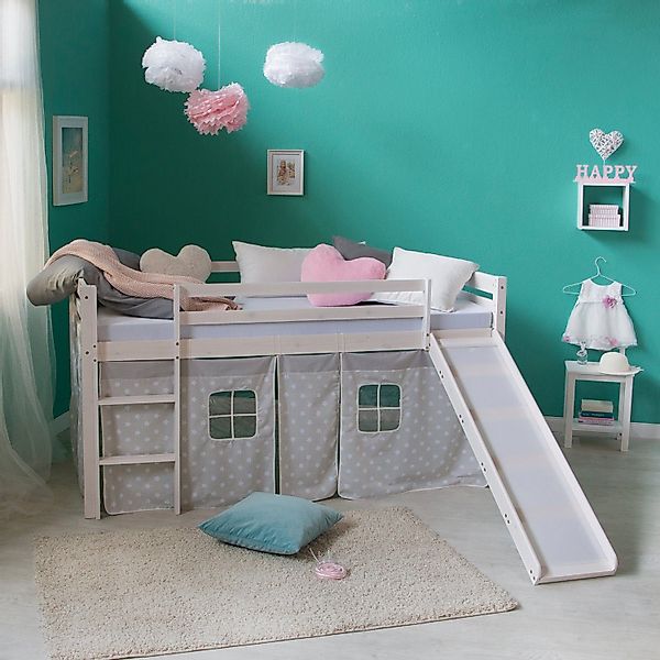 Homestyle4u Hochbett 90x200 mit Vorhang und Rutsche in Weiß Sterne 1884 günstig online kaufen