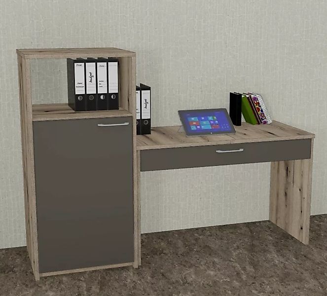 Büromöbel MANKAWORK 1.2B Quarzgrau-Eiche Schreibtisch+Schrank 190 cm Homeof günstig online kaufen