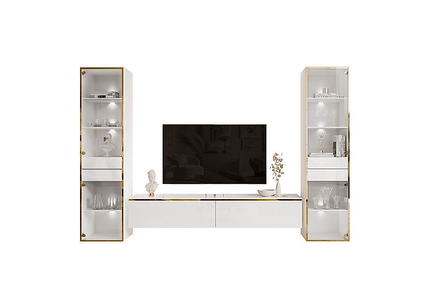 ALLHOUSE24 Wohnzimmer-Set Möbelset PEONY GOLD mit LED weiß Hochglanz Glasvi günstig online kaufen