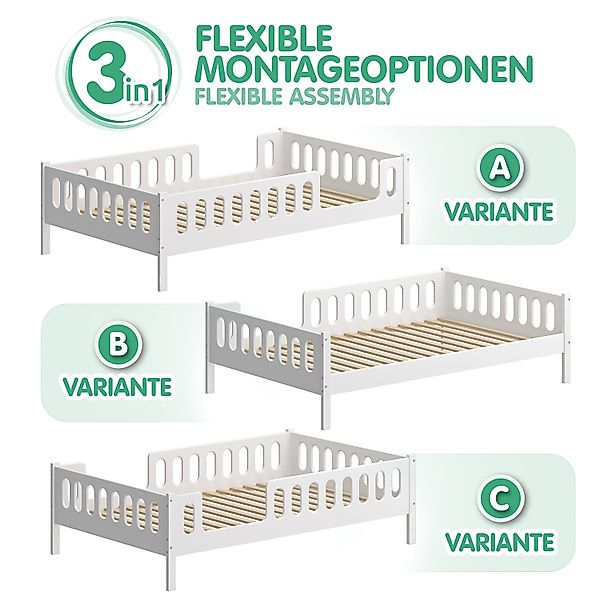 CADANI Kinderbett LARS 200x90 cm - Weiß (abnehmbarer Rausfallschutz), integ günstig online kaufen