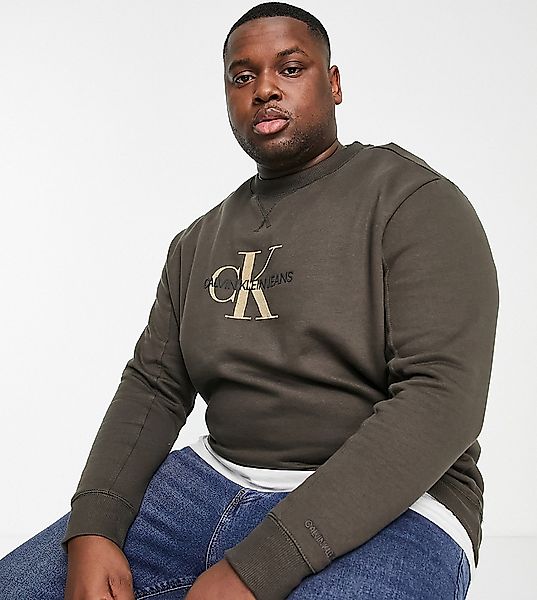 Calvin Klein Jeans Big & Tall – Sweatshirt in Khaki mit beflocktem Monogram günstig online kaufen