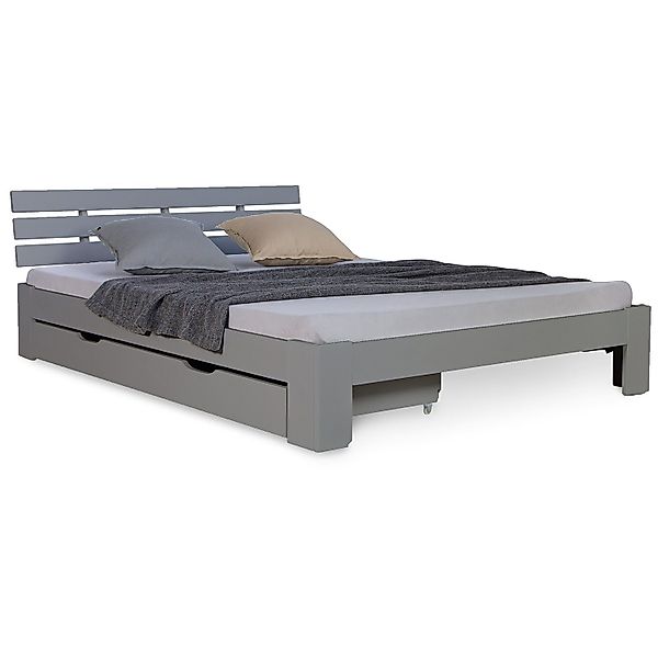 Homestyle4u Holzbett 140 x 200 cm mit Lattenrost und Bettkasten in Grau 225 günstig online kaufen