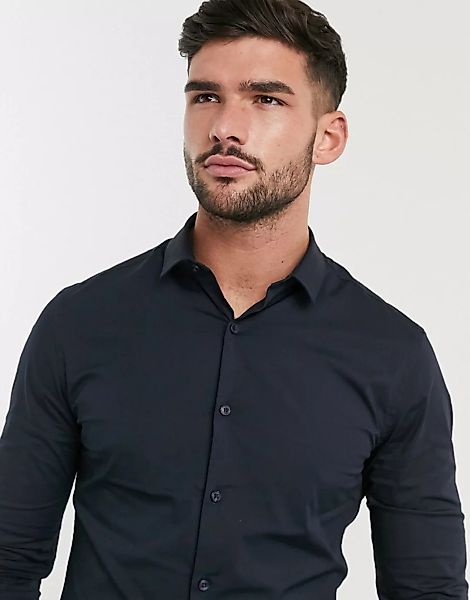New Look – Langärmliges Muskelhemd aus Popeline in Marineblau günstig online kaufen