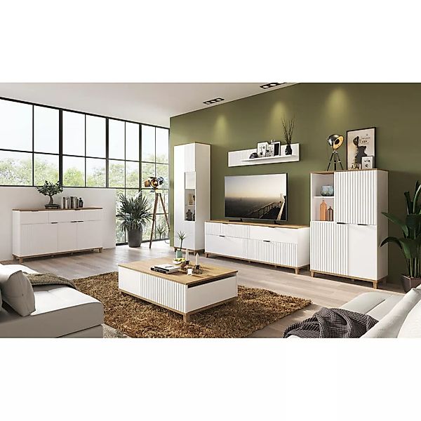 Wohnzimmermöbel Set inkl. Couchtisch PLYMOUTH-129 in weiß mit Eiche Nb. günstig online kaufen