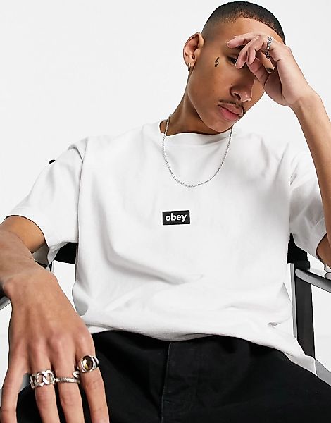 Obey – T-Shirt in Weiß mit schwarzem Balkenlogo günstig online kaufen