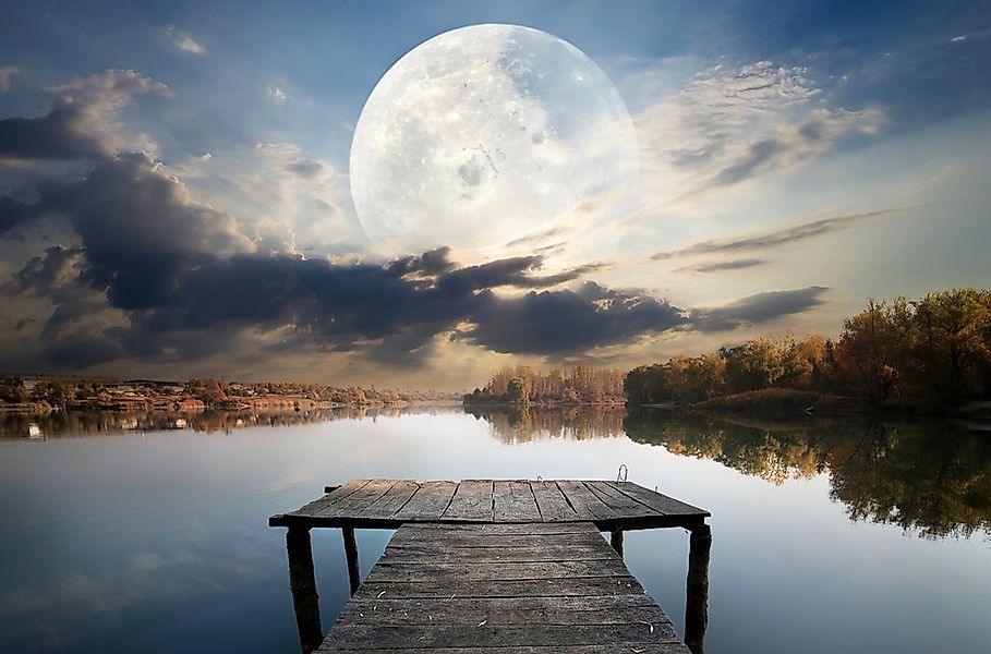 Papermoon Fototapete "Steg im Wasser mit Mond" günstig online kaufen