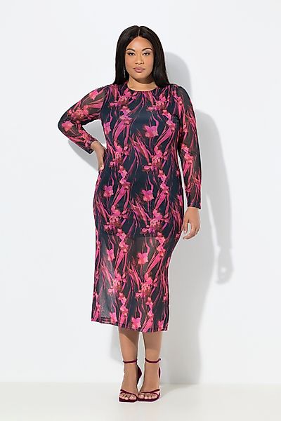 Ulla Popken Midikleid Mesh-Maxikleid Raffung Rundhals günstig online kaufen