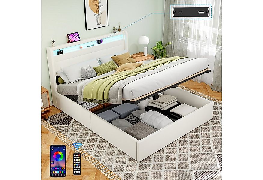 oyajia Polsterbett Stauraumbett Doppelbett LED, PU-Kunstleder (Type-C + USB günstig online kaufen