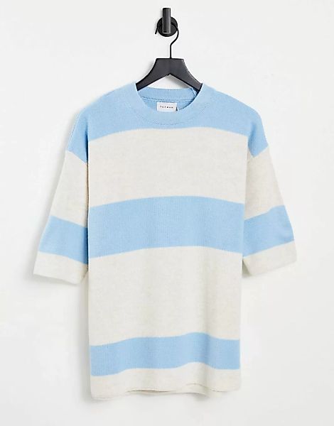 Topman – Gestreiftes Strick-T-Shirt in Blau und Weiß günstig online kaufen