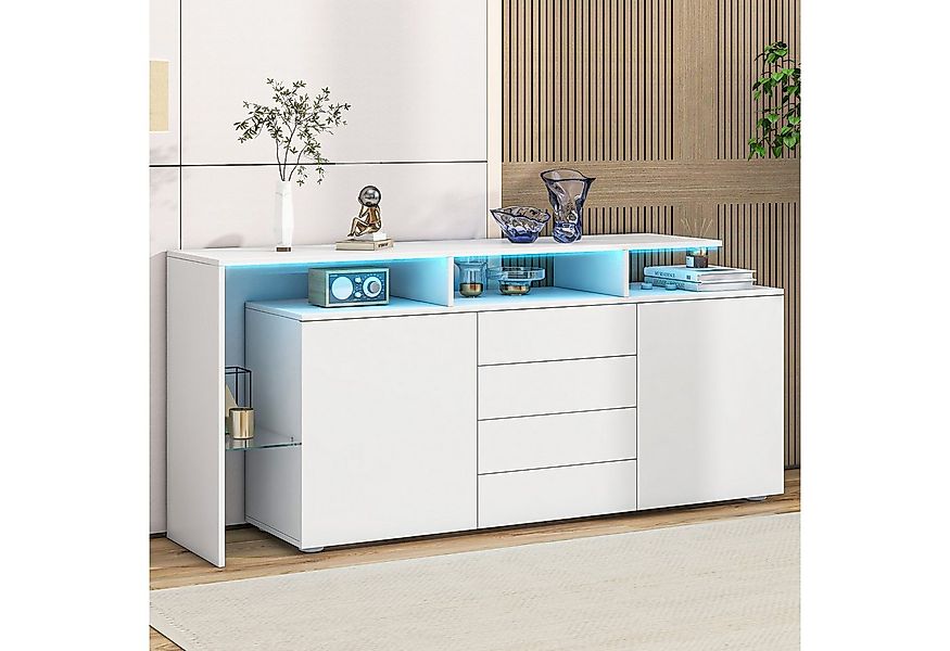 Merax Sideboard mit LED-Beleuchtung in Weiß Hochglanz (160 × 35 × 70 cm, An günstig online kaufen
