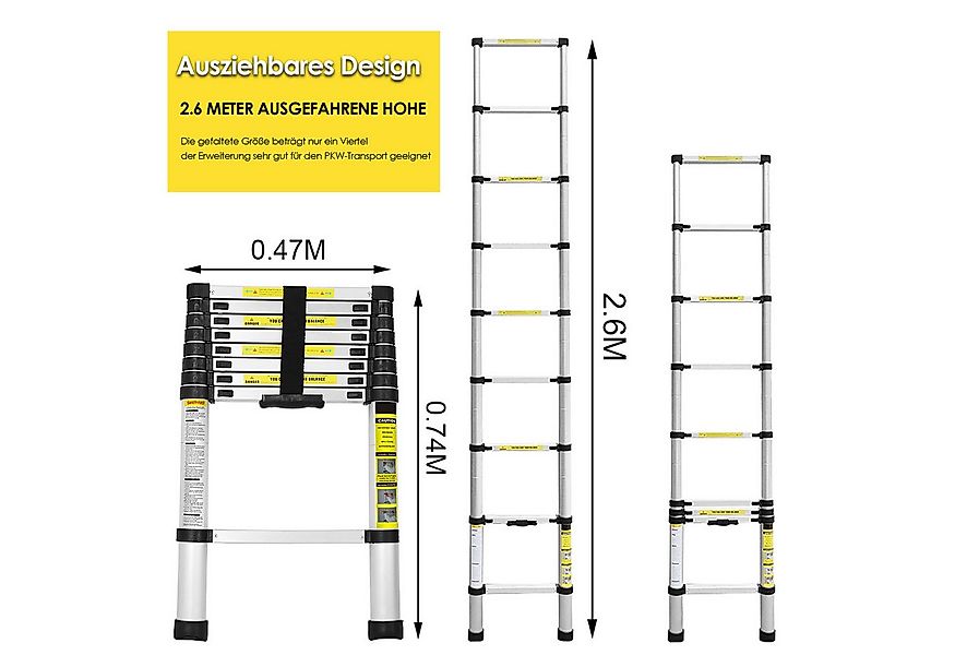 Clanmacy Teleskopleiter Teleskopleiter Stehleiter Mehrzweckleiter Alu 2.6m günstig online kaufen