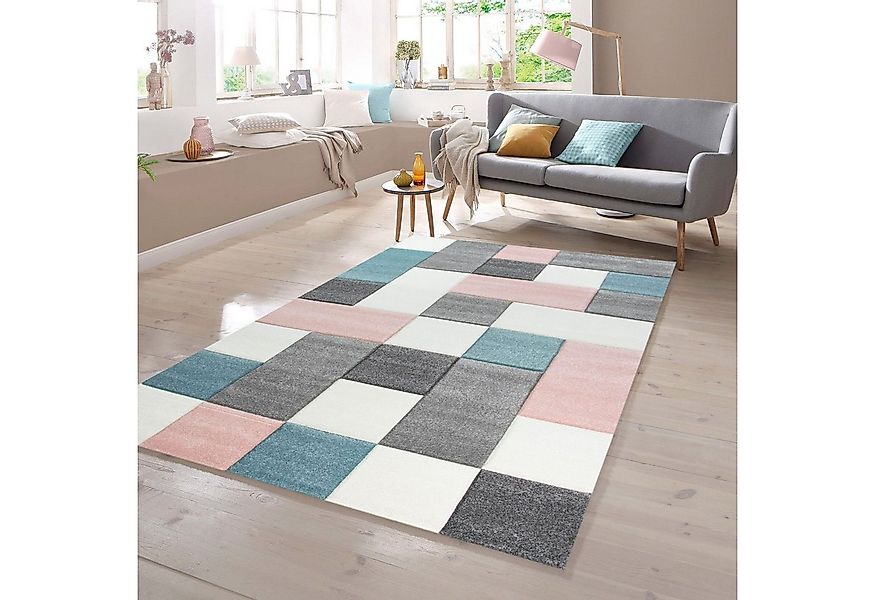 TeppichHome24 Teppich Teppich mit Karo Muster in Rosa Grau Türkis, rechteck günstig online kaufen