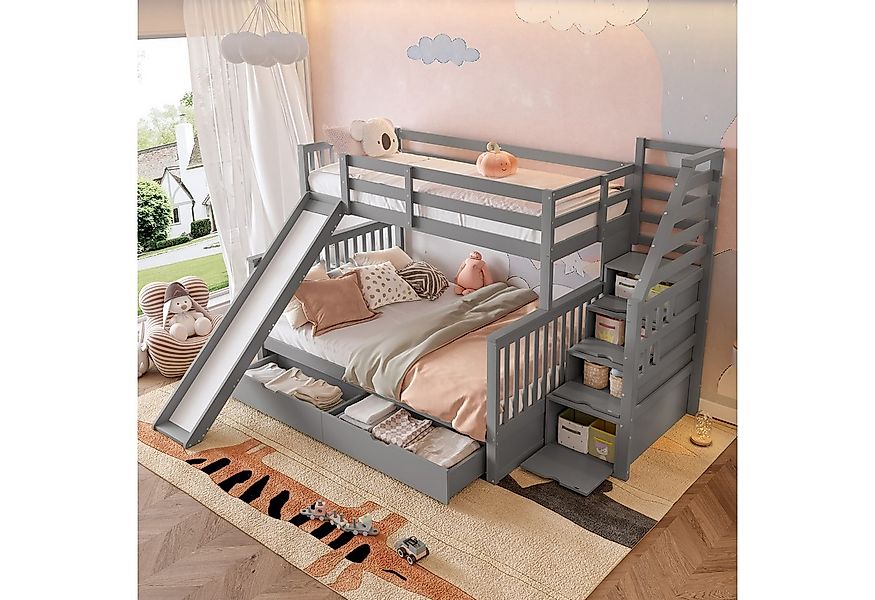 Flieks Etagenbett, Kiefer Kinderbett mit Rutsche & Schubladen 90x200cm+140x günstig online kaufen