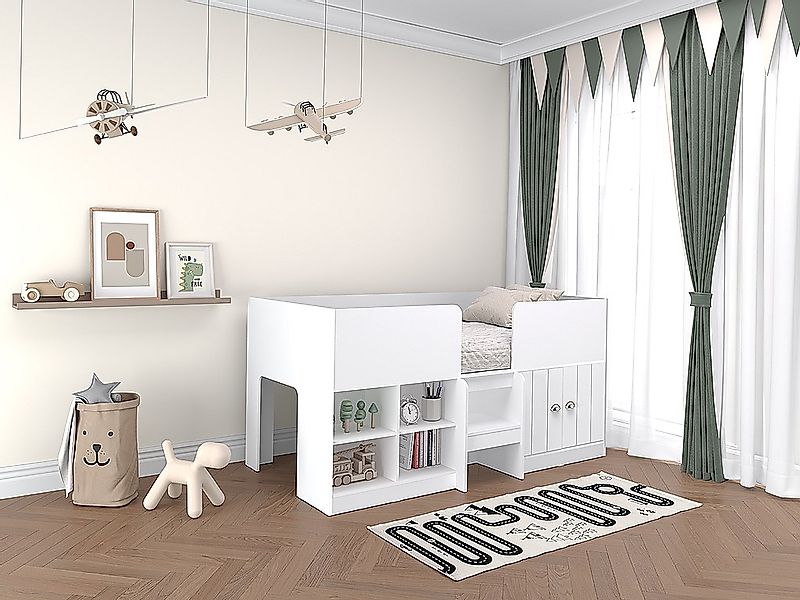 Hochbett mit Stauraum + Matratze - 90 x 190 cm - Weiß - BOUTANIO günstig online kaufen