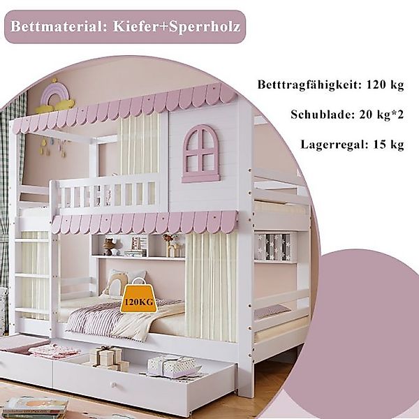 Flieks Etagenbett, Kinderbett 90x200cm mit Vorhänge, offenen Regal und 2 Sc günstig online kaufen