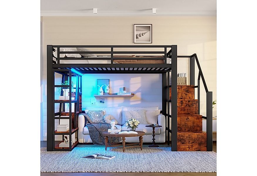 Odikalo Hochbett Metallbett 140x200 mit Stauraum & LED (Hochbett, 140 x 200 günstig online kaufen