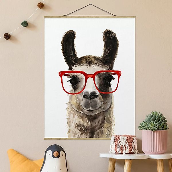 Stoffbild Tiere mit Posterleisten - Hochformat Hippes Lama mit Brille II günstig online kaufen
