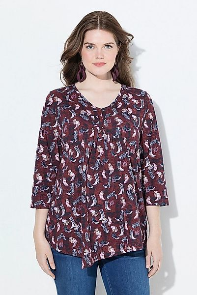 Ulla Popken T-Shirt Shirt Blüten Zierfalten A-Linie V-Ausschnitt günstig online kaufen