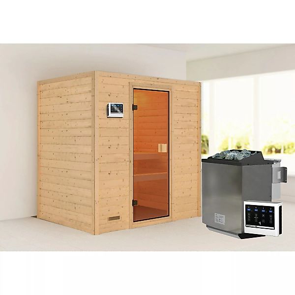 Woodfeeling Sauna Selena inkl. 9 kW Bio-Ofen mit ext. Strg. Glastür Bronzie günstig online kaufen