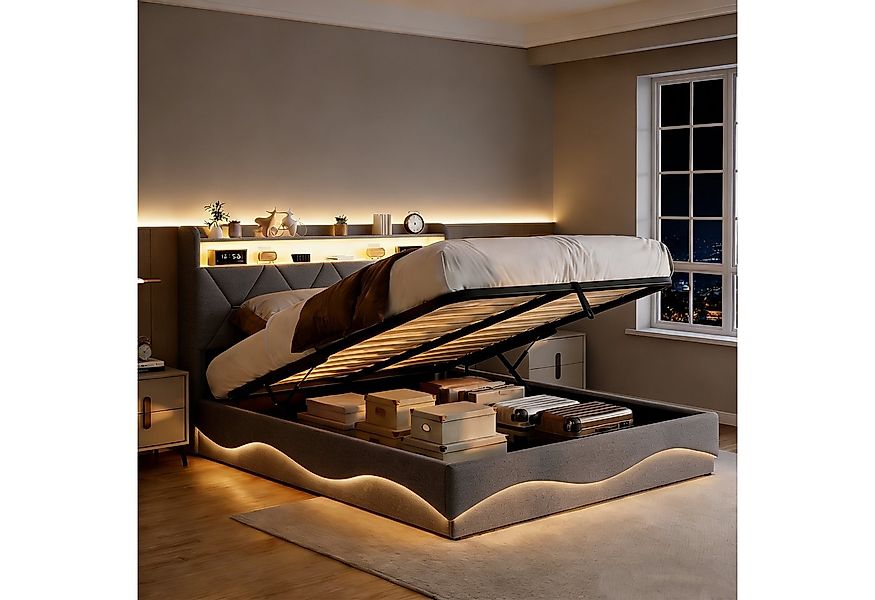 PXloue Polsterbett LED Doppelbett, Bettkasten, Ladefunktion, Samt, 160x200 günstig online kaufen