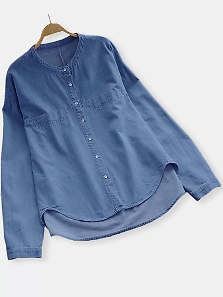 Einfarbiger Rundhalsausschnitt Irregular Denim Plus Size Shirt günstig online kaufen