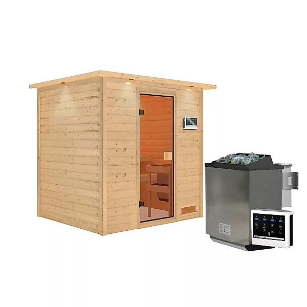 Karibu Sauna Adelina mit Kranz Naturbelassen mit Ofen 9 kW Bio ext. Steueru günstig online kaufen